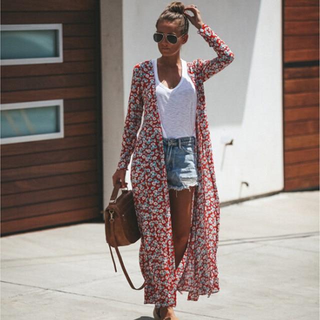 Autumn Fashion Women Lady Floral Maxi Kimono Duster Cardigan Chiffon Shirts Open Front Loose Blouses Streetwear