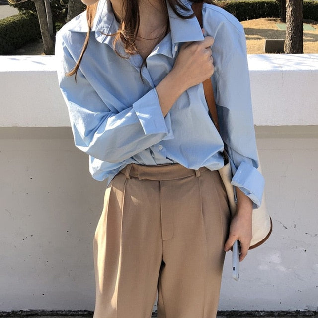 BGTEEVER Casual Loose Women Blouses Shirts Minimalist Single-breasted Female Blue Shirts 2020 Spring Summer Tops Oversized femme