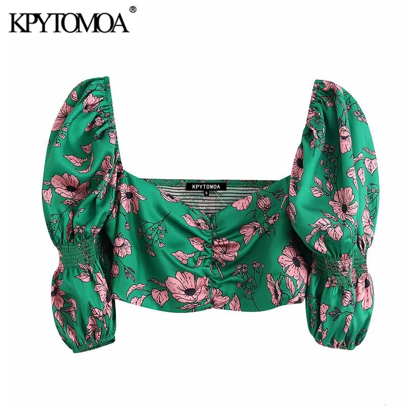 KPYTOMOA Women 2020 Sweet Fashion Floral Print Cropped Blouses Vintage V Neck Puff Sleeve Back Stretch Female Shirts Chic Tops