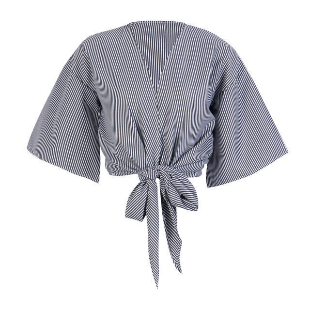 High Quality Fashion Women Casual Tank Blouse Flare Long Sleeve Crop Tops Bandage Tie Front Shirt Size S-L