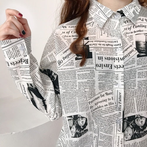 Mazefeng 2019 Spring Women Casual Shirts Loose Style Female Vintage Shirts Turn-down Collar Women Shirts Ladies Print Newspaper