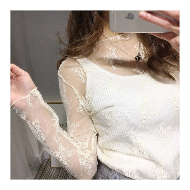 Sexy Mesh Transparent Blouses Tops Clothing Unlined Upper Garment Long Sleeve  Net Build Korean Fashion Jacket ds50
