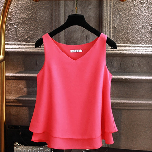 2020 Fashion Brand Women's blouse Tops Summer sleeveless Chiffon shirt Solid V-neck Casual blouse Plus Size 5XL Loose Female Top