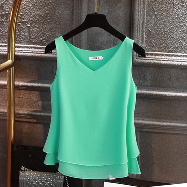 2020 Fashion Brand Women's blouse Tops Summer sleeveless Chiffon shirt Solid V-neck Casual blouse Plus Size 5XL Loose Female Top