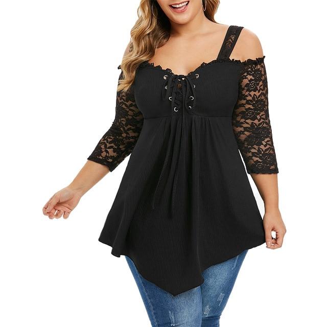 6XL Plus Size Women Shirt Off Shoulder Ladies Tops Lace Long Sleeve Black Blouses Shirt Casual Irregular Streetwear femme D30