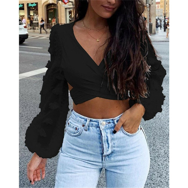 Elegant OL Women Shirts Celmia 2019 Fashion Long Lantern Sleeve Lace Blouses Sexy V Neck backless Cross Crop Tops Casual Blusas