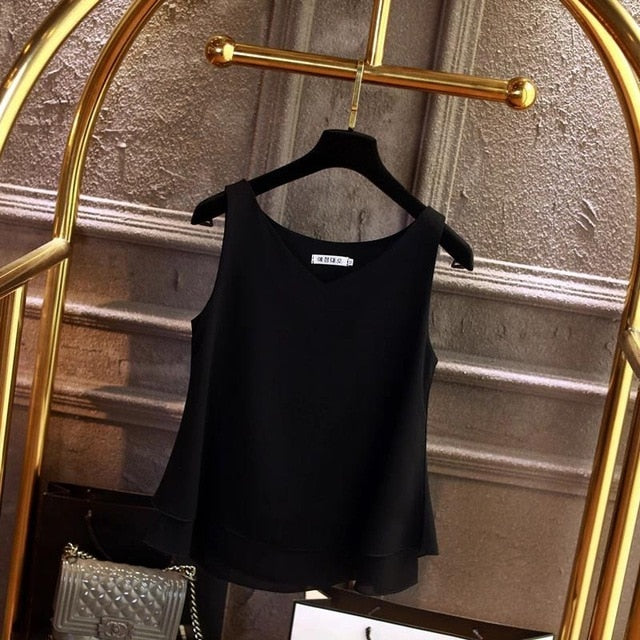 2020 Fashion Brand Women blouse Summer New sleeveless Chiffon shirt Solid V-neck Casual blouse Plus Size 5XL Loose Female Top