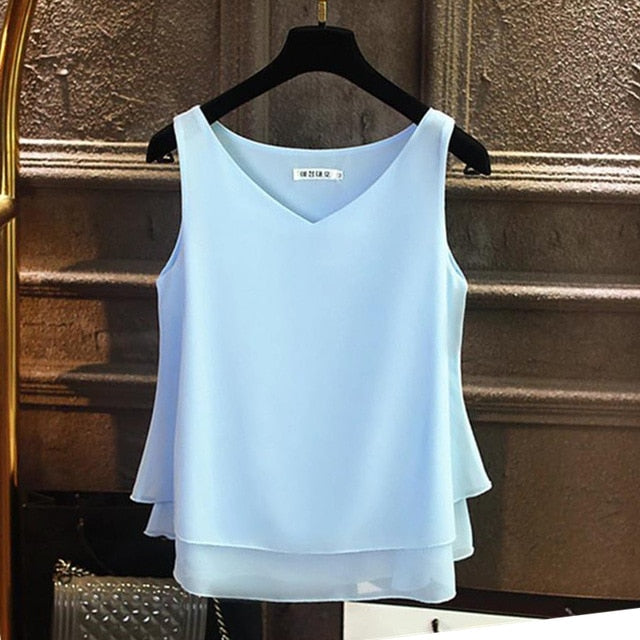 2020 Fashion Brand Women blouse Summer New sleeveless Chiffon shirt Solid V-neck Casual blouse Plus Size 5XL Loose Female Top