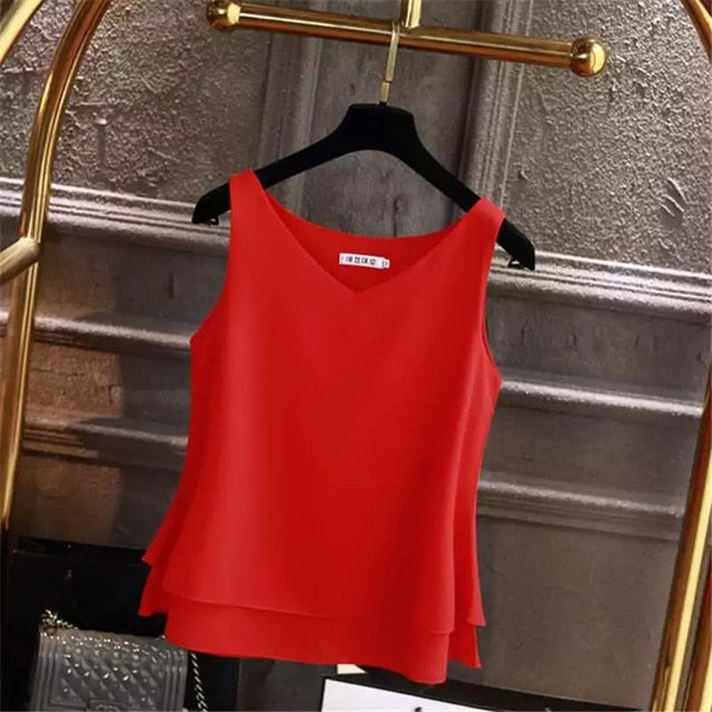 2020 Fashion Brand Women blouse Summer New sleeveless Chiffon shirt Solid V-neck Casual blouse Plus Size 5XL Loose Female Top