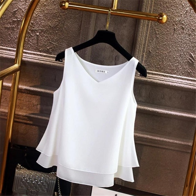2020 Fashion Brand Women blouse Summer New sleeveless Chiffon shirt Solid V-neck Casual blouse Plus Size 5XL Loose Female Top