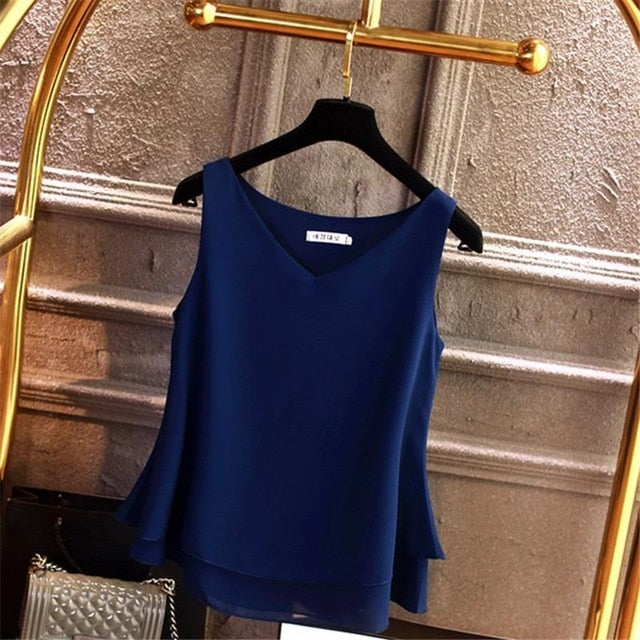 2020 Fashion Brand Women blouse Summer New sleeveless Chiffon shirt Solid V-neck Casual blouse Plus Size 5XL Loose Female Top