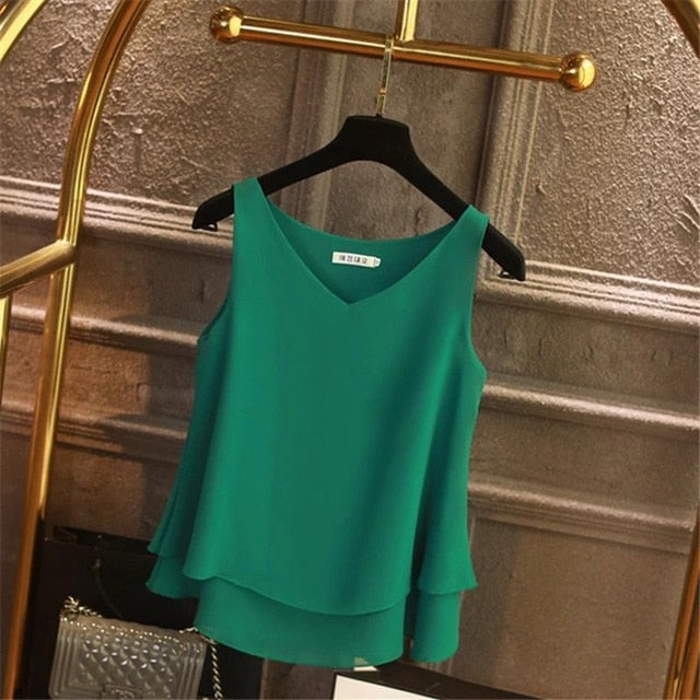2020 Fashion Brand Women blouse Summer New sleeveless Chiffon shirt Solid V-neck Casual blouse Plus Size 5XL Loose Female Top