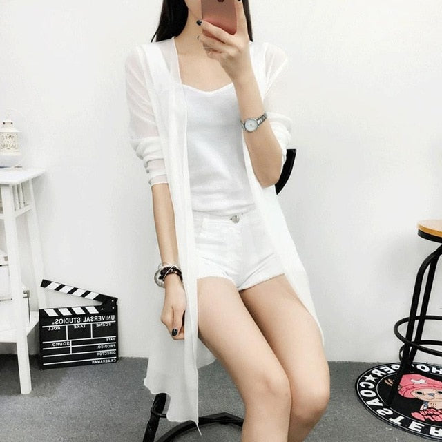 Summer Chiffon Blouse Pink Cardigan Sun Protection clothing Long Blouse  Beach White  female Fashion Tops Feminino