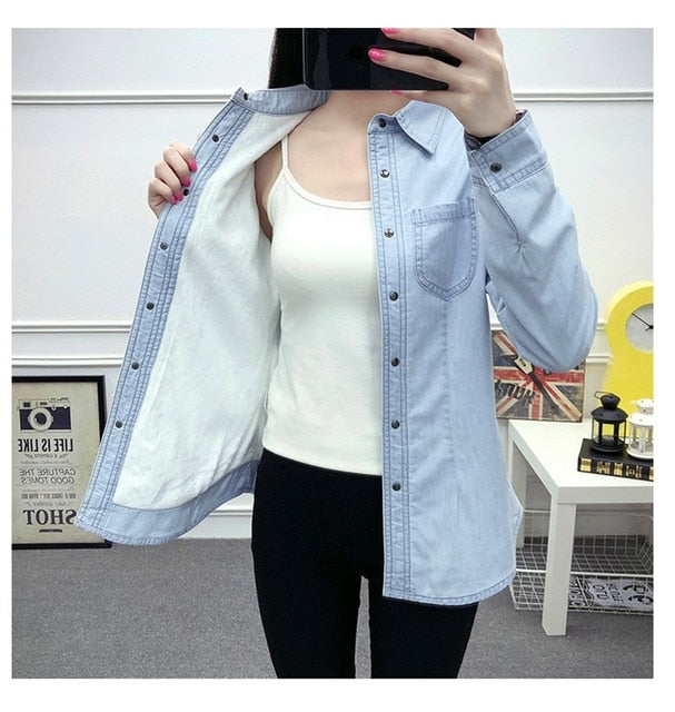 New Autumn winter women cotton flannel Warm thickening pocket long sleeve blouse Denim shirt casual flannel tops plus size