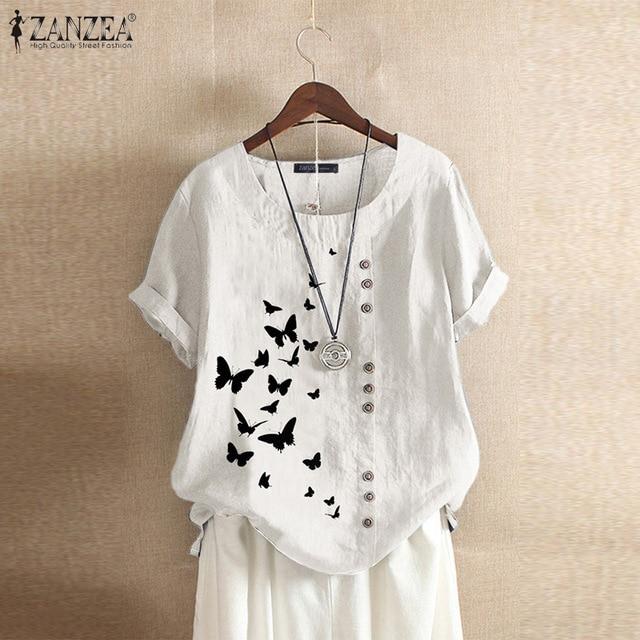 2020 ZANZEA Women's Printed Patchwork Blouse Kaftan Linen Tops Casual O Neck Blusas Female Short Sleeve Shirts Plus Size Tunic