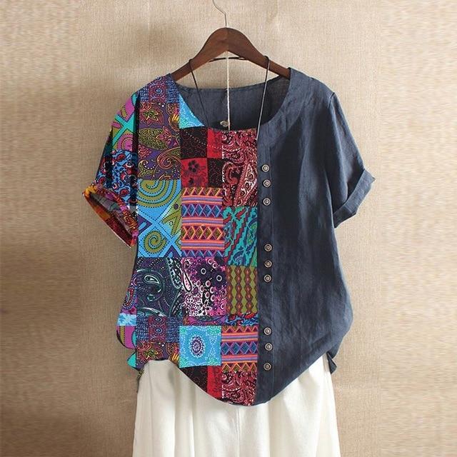 2020 ZANZEA Women's Printed Patchwork Blouse Kaftan Linen Tops Casual O Neck Blusas Female Short Sleeve Shirts Plus Size Tunic