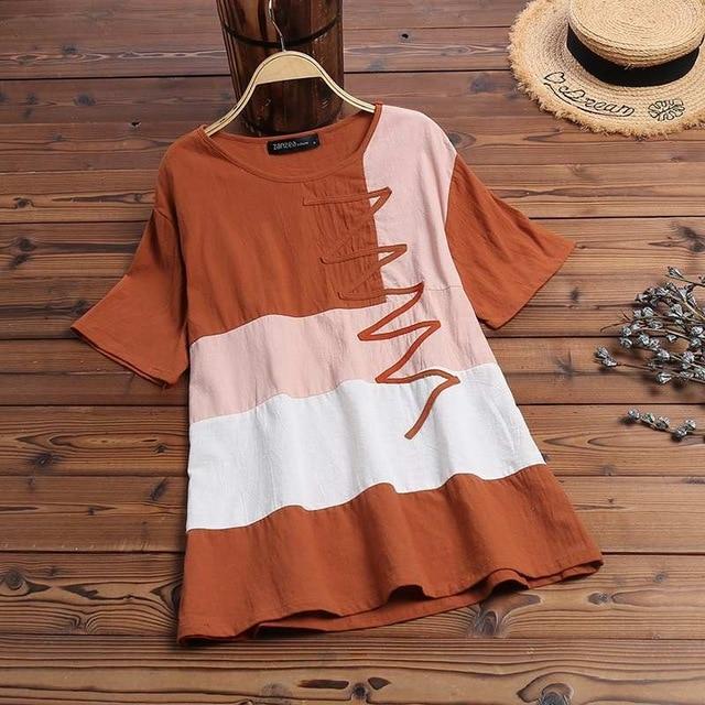 2020 ZANZEA Women's Printed Patchwork Blouse Kaftan Linen Tops Casual O Neck Blusas Female Short Sleeve Shirts Plus Size Tunic