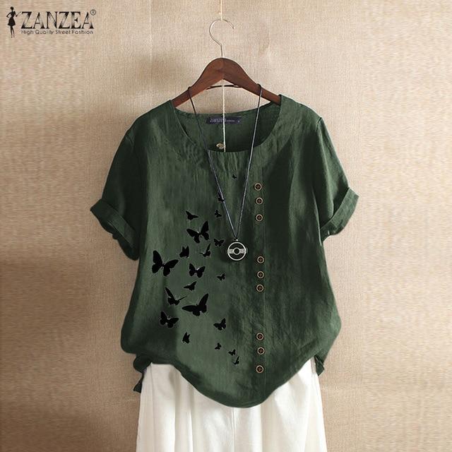 2020 ZANZEA Women's Printed Patchwork Blouse Kaftan Linen Tops Casual O Neck Blusas Female Short Sleeve Shirts Plus Size Tunic