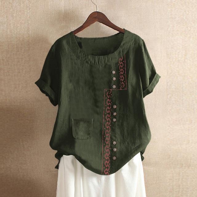 2020 ZANZEA Women's Printed Patchwork Blouse Kaftan Linen Tops Casual O Neck Blusas Female Short Sleeve Shirts Plus Size Tunic