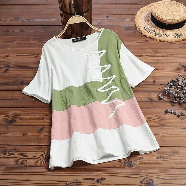 2020 ZANZEA Women's Printed Patchwork Blouse Kaftan Linen Tops Casual O Neck Blusas Female Short Sleeve Shirts Plus Size Tunic