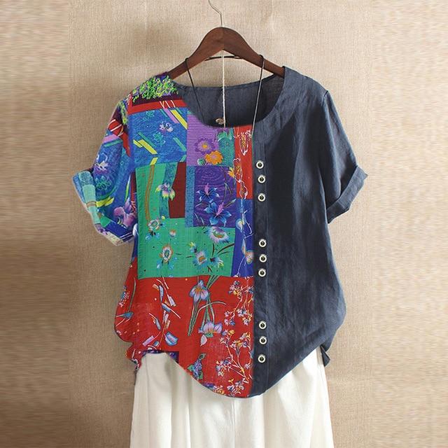2020 ZANZEA Women's Printed Patchwork Blouse Kaftan Linen Tops Casual O Neck Blusas Female Short Sleeve Shirts Plus Size Tunic