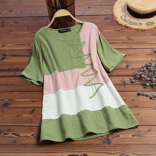 2020 ZANZEA Women's Printed Patchwork Blouse Kaftan Linen Tops Casual O Neck Blusas Female Short Sleeve Shirts Plus Size Tunic
