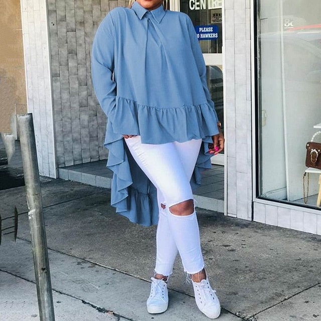 Celmia Women Asymmetrical Tops 2020 Fashion Solid Back Buttons Ruffles Shirts Long Sleeve Lapel Casual Blouses Ladies Blusas 5XL