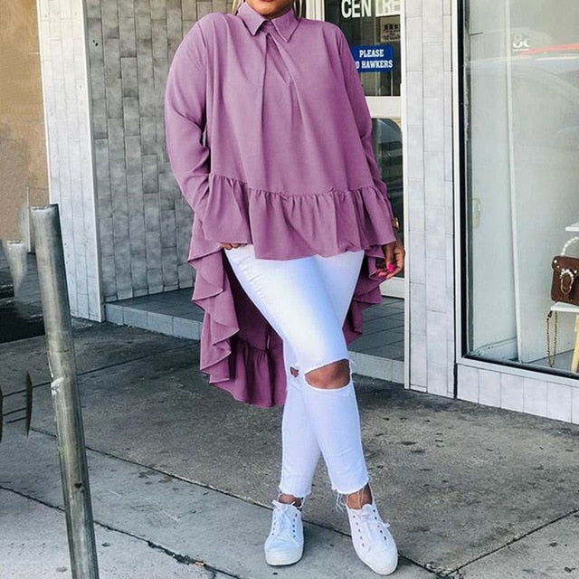 Celmia Women Asymmetrical Tops 2020 Fashion Solid Back Buttons Ruffles Shirts Long Sleeve Lapel Casual Blouses Ladies Blusas 5XL