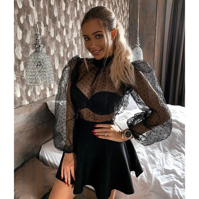 Women Mesh Sheer Polka Dot Print Long Sleeve Hollow Out Thin Lace Bottoming Shirt