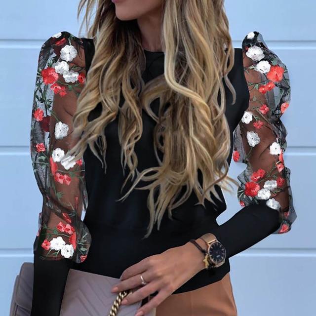 Embroidery women tops Floral Sheer Mesh Sleeve Blouse shirts Women NEW 2020 Spring patchwork pullovers Elegant sexy tops