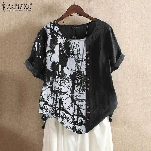 2020 ZANZEA Women's Printed Patchwork Blouse Kaftan Linen Tops Casual O Neck Blusas Female Short Sleeve Shirts Plus Size Tunic