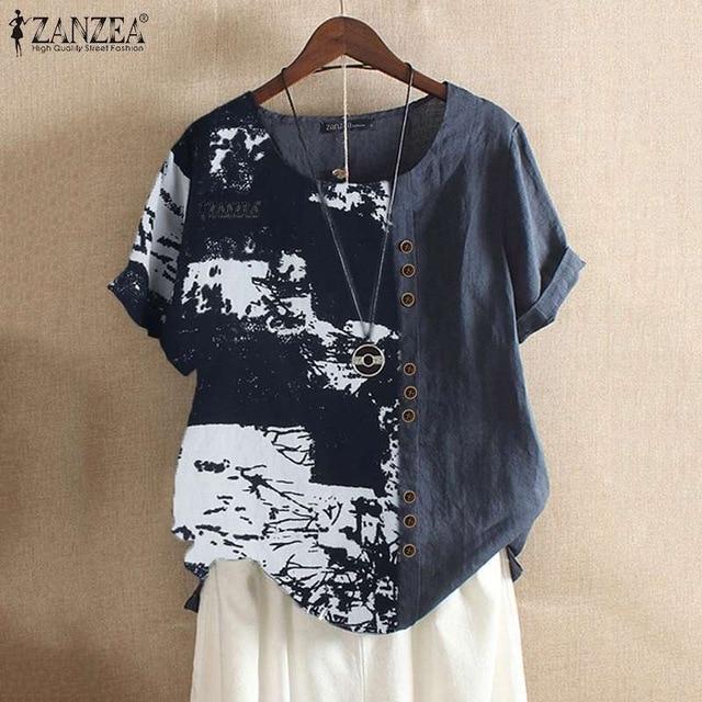 2020 ZANZEA Women's Printed Patchwork Blouse Kaftan Linen Tops Casual O Neck Blusas Female Short Sleeve Shirts Plus Size Tunic