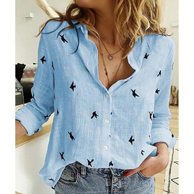 Jocoo Jolee Women Casual Birds Print Blouse Spring Summer Long Sleeve Cotton and Linen Loose Shirt Vintage Tops Tunic Plus Size