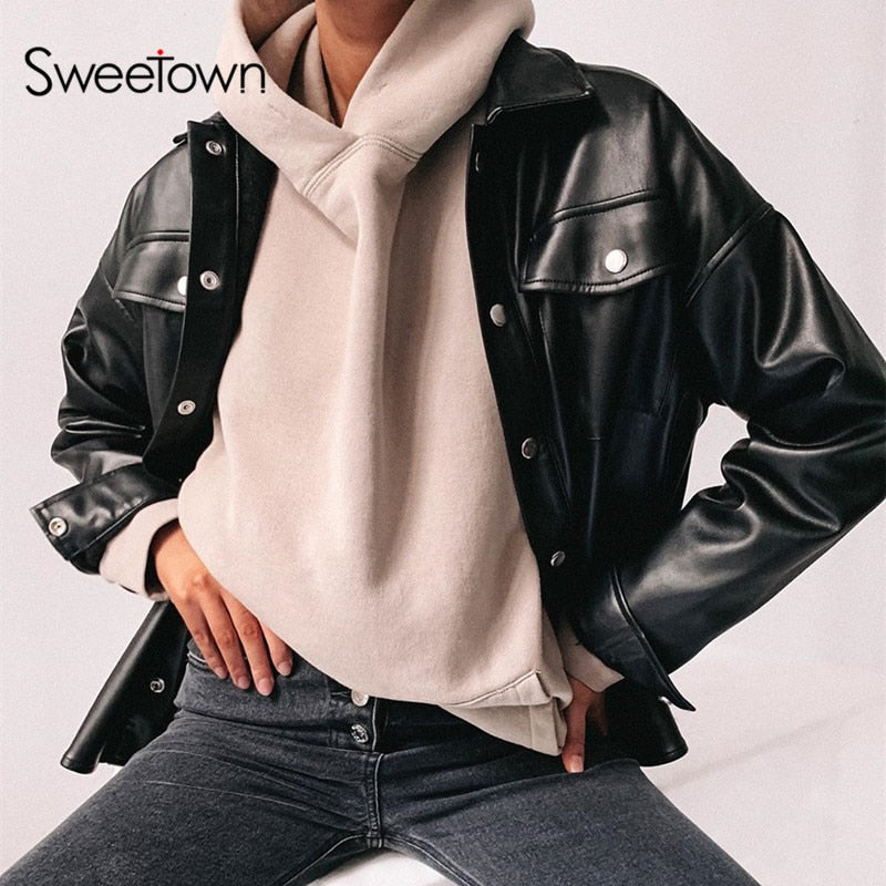 Sweetown Black Faux Leather Blouses Shirt Women Streetwear Covered Button Turn Down Collar Ladies Blouses Manches Bouffantes