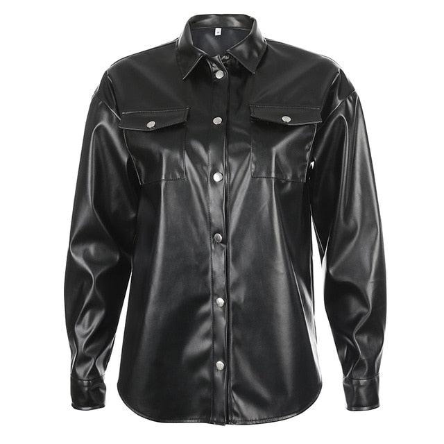 Sweetown Black Faux Leather Blouses Shirt Women Streetwear Covered Button Turn Down Collar Ladies Blouses Manches Bouffantes
