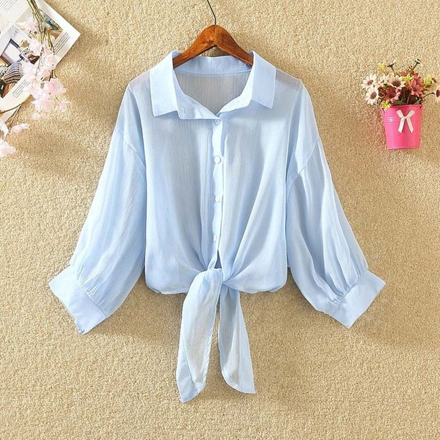 White Chiffon Blouse Women Half Sleeve 2020 Summer Transparent Thin Shirts Office Blusas Feminina Solid Workwear Plus Size Tops