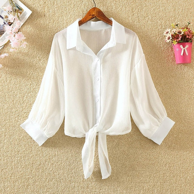 White Chiffon Blouse Women Half Sleeve 2020 Summer Transparent Thin Shirts Office Blusas Feminina Solid Workwear Plus Size Tops