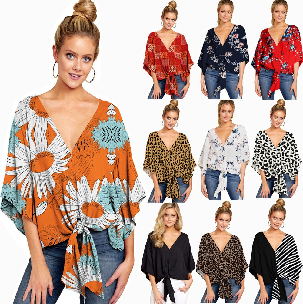 Summer Casual Loose Women Blouse Plus Size 5XL Batwing Sleeve Deep V Shirts Femme Print Tie Cotton Irregular Pullovers Female