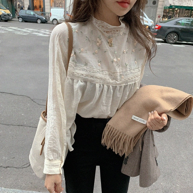 Alien Kitty New Elegant Lace Stand Collar Blouse Shirt Sexy Hollow Out Floral Embroidery Feminine Blouses Women Long Sleeve Tops