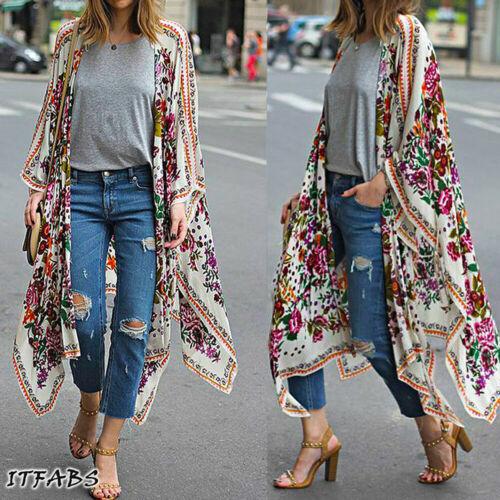 Women Loose Floral Print Blouse Summer Casual Boho Chiffon Coat Shawl Kimono Cardigan Tops Plus Size 3XL