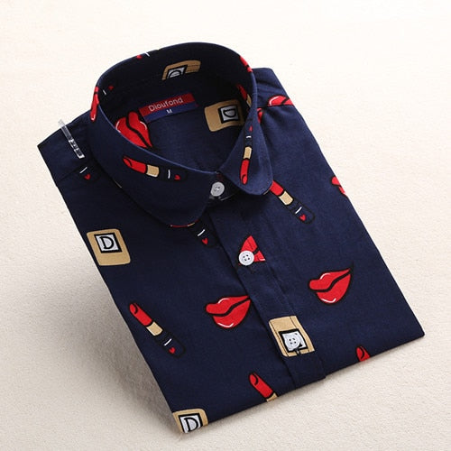 Dioufond Women Summer Blouses Vintage Floral Blouse Long Sleeve Shirt Women Camisas Femininas Female Tops Fashion Cotton Shirt