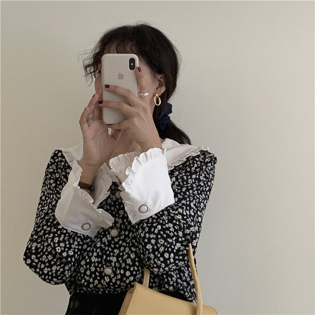 Alien Kitty Romance Print-Floral 2020 Ruffles Vintage Plus Feminine Elegant Chic Loose Casual Fashion Sweet All-Match Shirts