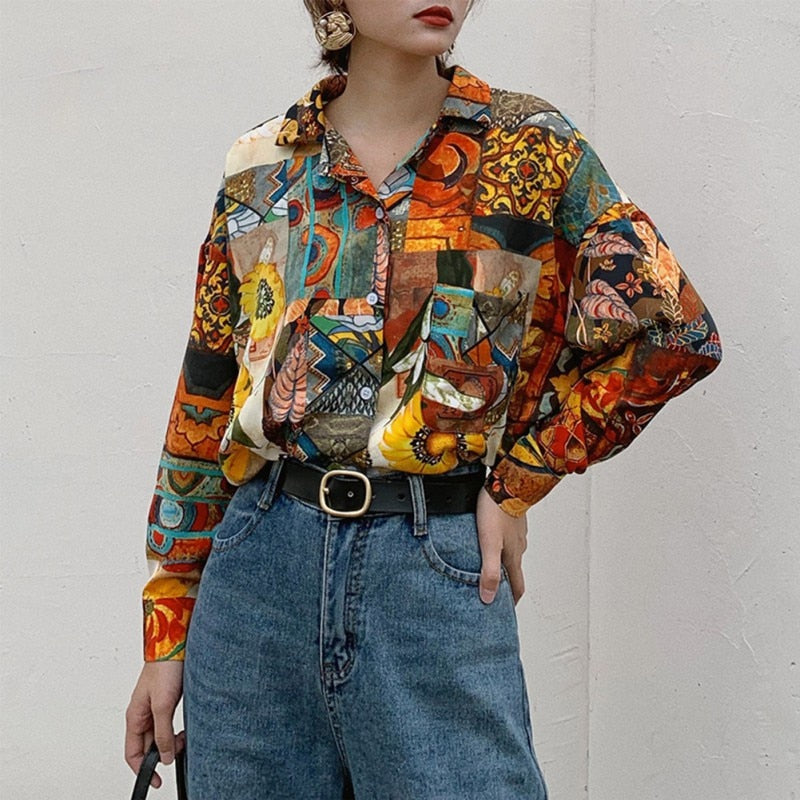 Women Retro Sunflower Print Shirt Oil Painting Print Design Blouse Girl Loose Lapel Tops and Blouses 2020 New