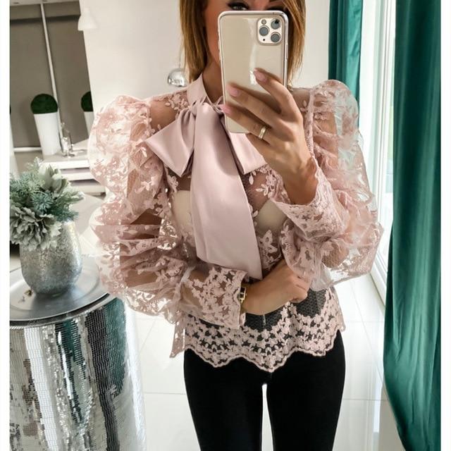 Sexy Women Lady Crochet Mesh Sheer See-Through Long Puff Sleeve Tops Shirt Bow Neck Loose Casual Blouse Top