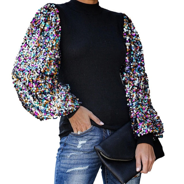Women Sequins Tops And Blouses Autumn Winter Puff Sleeve Turtleneck Casual Shirt Solid Black Long Sleeve Camisa De Mujer D40