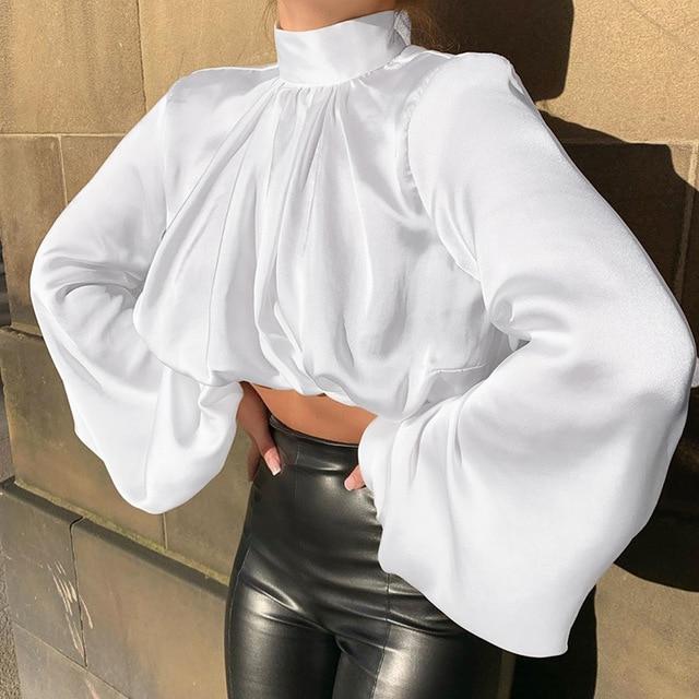WannaThis Black Lantern Sleeve Hight Neck Satin Blouse Women Slim Solid Ruched Cropped Elastic Fashion Spring Elegant Ladies Top