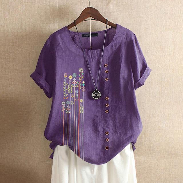2020 ZANZEA Women's Printed Patchwork Blouse Kaftan Linen Tops Casual O Neck Blusas Female Short Sleeve Shirts Plus Size Tunic