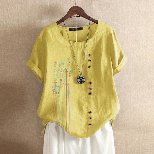 2020 ZANZEA Women's Printed Patchwork Blouse Kaftan Linen Tops Casual O Neck Blusas Female Short Sleeve Shirts Plus Size Tunic