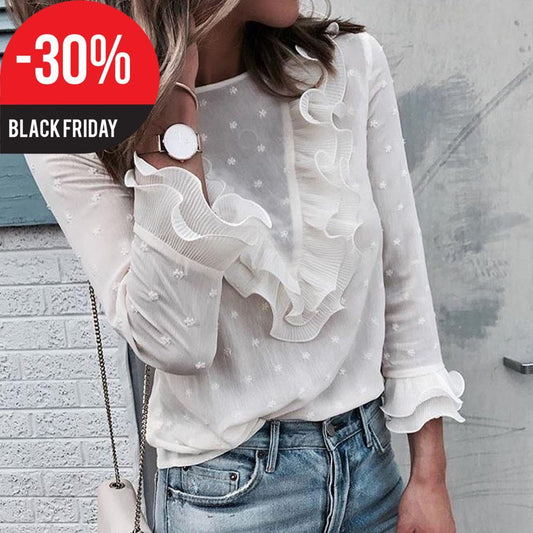 2019 Feitong White Blouse Women Spring Summer Ruffles Ladies Casual Lace Polka Dot O Neck Shirt Long Sleeve Tops Blusas Female#B