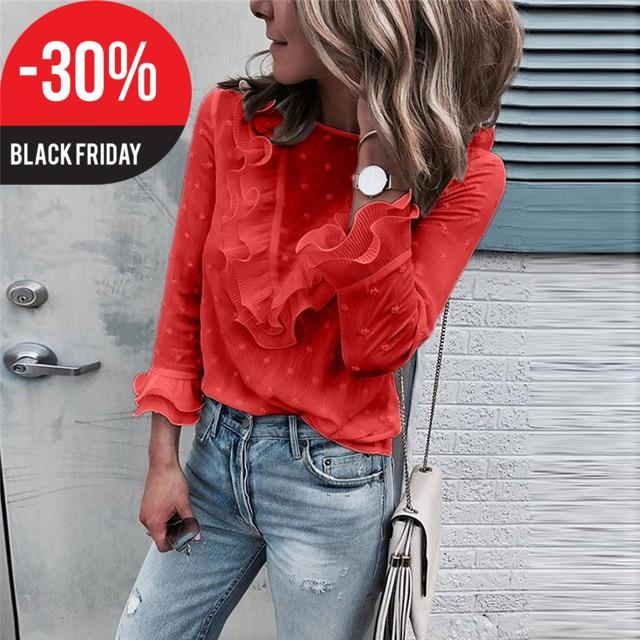 2019 Feitong White Blouse Women Spring Summer Ruffles Ladies Casual Lace Polka Dot O Neck Shirt Long Sleeve Tops Blusas Female#B